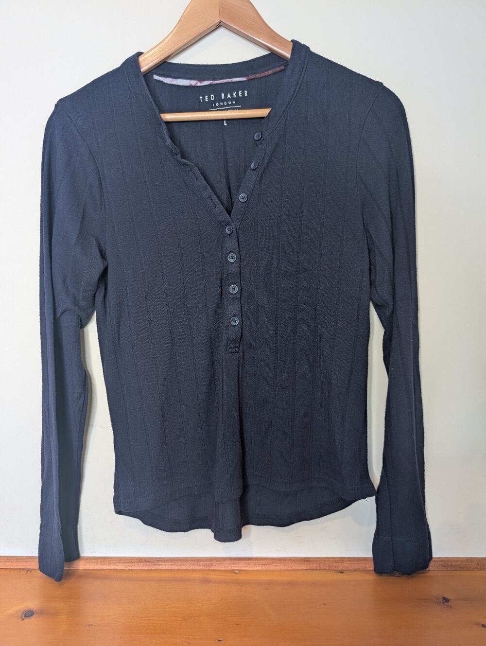 Ted Baker London L Navy Ribbed Henley Long Sleeve Top Fitted Stretch Knit